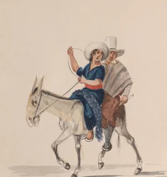 Een Indiase man en vrouw die op een ezel rijden, uit een groep tekeningen die Peruaanse...