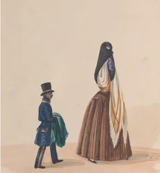 Een elegant geklede vrouw en haar page, uit een groep tekeningen die Peruaanse... voorstellen, ca. 1848
