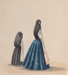 Twee vrouwen die de saya dragen in profiel, uit een groep tekeningen die..., ca. 1848