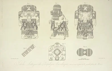 Azteekse idool van basaltporfier, gevonden onder het Grote Plein van Mexico-Stad, gegraveerd door Cloquet, illustratie uit 