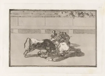 Een picador valt van zijn paard onder de stier, Plaat 26 uit La tauromaquia