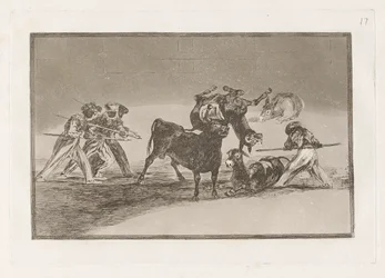 De Moren gebruiken ezels als versperring om zich te verdedigen tegen de stier met van bollen voorziene hoorns, plaat 17 uit De kunst van het stierenvechten