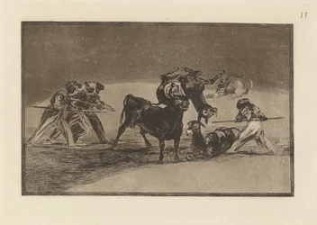 De Moren gebruiken ezels als barrière om zich te verdedigen tegen de stier waarvan de hoorns met ballen zijn bedekt, plaat 17 uit De kunst van het stierenvechten