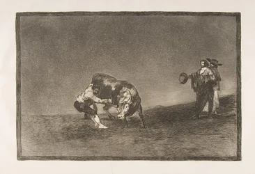 Plaat 16 van de Tauromaquia: Dezelfde man werpt een stier in de arena in Madrid, 1816