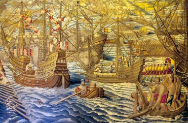 De schepen en de barkage - Detail van de verovering van Tunis (detail)