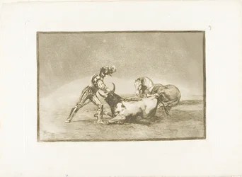 Een Spaanse ridder doodt de stier nadat hij zijn paard heeft verloren, plaat negen uit De kunst van het stierenvechten