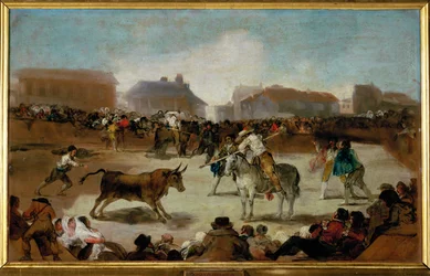 Een stierengevecht in een dorp (schilderij op doek)