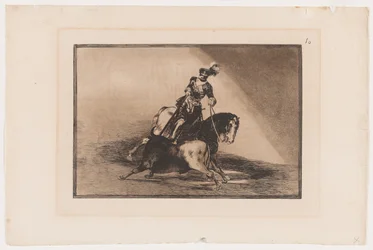 Plaat 10 uit La Tauromaquia: Karel V steekt een stier in de ring in Valladolid, 1816, gedrukt 1876 (ets en aquatint op vergé papier)