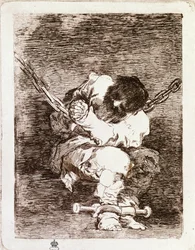 Gevangene ketting zittend - Veiligheid is net zo barbaars als de misdaad. (gravure)