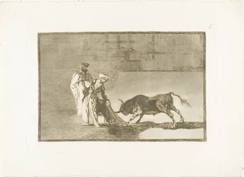 De Moren voeren in de arena een ander spel uit en lokken de stier met hun burnoezen, plaat zes uit De kunst van het stierenvechten