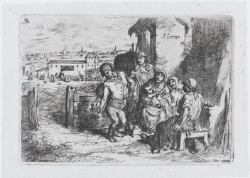 Plaat 16: een groep mensen buiten, waaronder een man die wijn of water uit een vat schenkt..., 1850