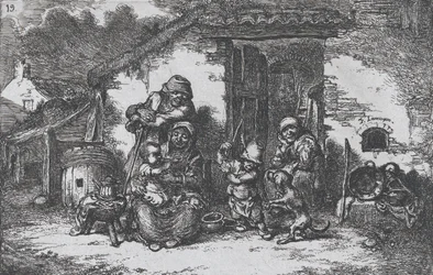 Plaat 19: een familie en een jongen die met een hond speelt buiten een huis, uit de serie van gewoonten..., 1850