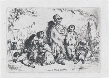Plaat 2: een groep mensen op straat, mogelijk bedelaars, uit de serie van gebruiken en..., 1850