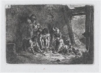 Plaat 8: een groep figuren waarvan sommigen een spel spelen, uit de serie gewoonten en..., 1850