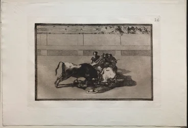 Stierengevechten: Een Picador wordt van zijn paard geworpen en valt onder de stier, 1876