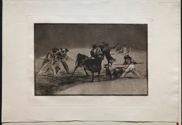 Stierengevechten: de Moren gebruiken ezels als barrière om zich tegen de stier te verdedigen..., 1876.