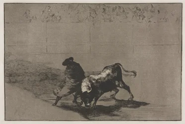 Stierengevechten: De zeer bekwame student van Falces, gewikkeld in zijn cape, bedriegt de stier..., 1876