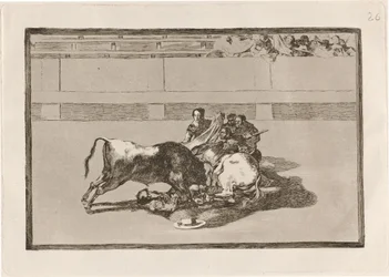 Een Picador valt van zijn Paard onder de Stier