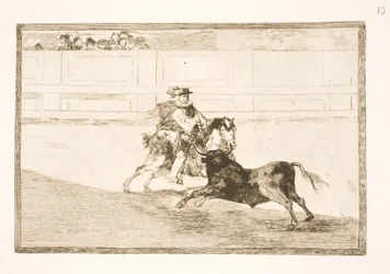 Een Spaanse ruiter in de arena breekt kleine speren zonder hulp van assistenten