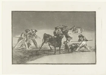 Moren en ezels in gevecht met een stier; Palenque van de Moren, gemaakt met ezels om zich tegen de stier met omwikkelde horens te verdedigen (titel op object); Stierenvechten (serietitel)
