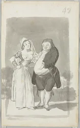 Prostituee die een dikke, lelijke man benadert, recto, jonge vrouw die haar handen wringt, verso, 1796-97
