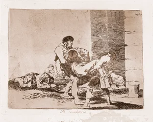 De rampen van de oorlog: Op het kerkhof (gravure naar de voorbereidende tekening)