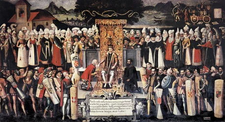 Ceremonie van handkus na de verklaring van privileges door koning Ferdinand de Katholiek (1452-1516)