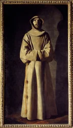 Portret van de heilige Franciscus van Assisi: De heilige is in extase afgebeeld. Hij draagt een soutane met een geknoopt touw als riem. Schilderij van Francisco de Zurbarán (1598-1664)