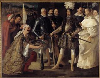 Reconquista: ‘De overgave van Sevilla aan Ferdinand III, koning van Castilië en León’. De Moren droegen op 22/12/1248 de sleutels van de stad over aan de koning van Castilië. Schilderij van Francisco de Zurbarán (1598-1664), 1634. 157,5 x 208,2 cm.