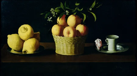 Stilleven met citroenen, sinaasappels en een roos