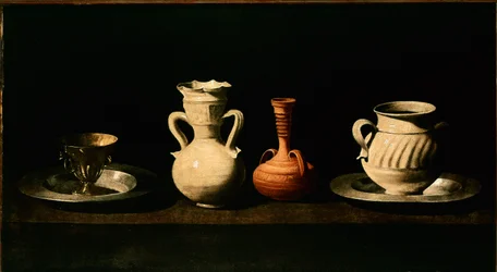 Stilleven met kruiken en potten. Schilderij door Francisco de Zurbarán