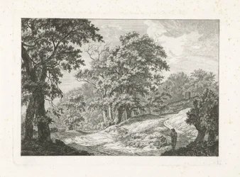 Landschap met twee figuren naast de weg