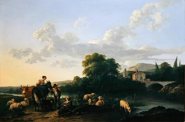 Boeren en vee in een Italiaanse landschap