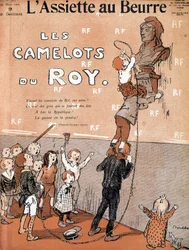 Kinderen detroneren een buste van Marianne door een ironisch lied te zingen ten gunste van de Royalistische strijdgroep. Illustratie door Francisque Poulbot (1879-1946) In "het bord met boter", 27/03/1909.