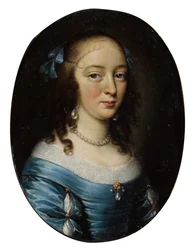 Portret van een elegante dame, halflang, in een blauwe jurk