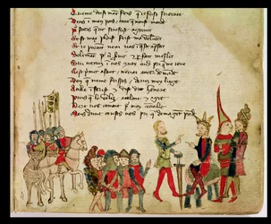 Attila de Hun in gesprek met een van zijn krijgers, uit De oorlog van Attila door Nicola da Casola