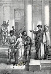 Agnes van Rome naakt door de straten naar een bordeel gebracht, tekening uit 