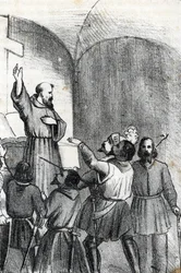 Vierde Venetiaans-Ottomaanse Oorlog: de kerk roept op om moslims te verslaan aan de vooravond van de Slag bij Lepanto, zeeslag op 7 oktober 1571 in de Golf van Patras, Griekenland