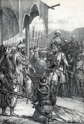 Zevende Kruistocht: koning Lodewijk IX werd gevangengenomen bij de Slag om Fariskur op 6 april 1250, tekening uit 