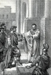 De aartsbisschop Sint Ambrosius van Milaan (Aurelius Ambrosius, Ambrogio di Milano (340-397) verbood de toegang tot de kerk aan de Romeinse keizer Theodosius I (Flavius Theodosius) (347-395) om hem te straffen voor het bloedbad van Thessalonica in 390 - Ex