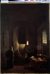 De Italiaanse astronoom Galileo Galilei (Galilee) (1564-1642) in zijn cel in Florence tijdens de Inquisitie
