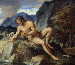 Polyphemus, de cycloop met een panfluit, detail van «Acis en Galatea». De nimf Galatea en Acis worden gadegeslagen door de cycloop Polyphemus, jaloers op hun idyllische liefde. Naar Ovidius