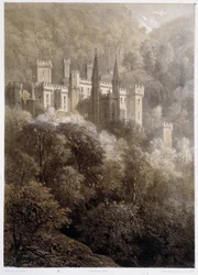 Kasteel in een berg in Duitsland. In "De monumentale en pittoreske Rijn". Lithografieën door Fourmais en Stroobant
