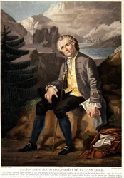 Jean Jacques Rousseau in Zwitserland, vervolgd en zonder asiel. Aquatint door Charon naar Boucher. 19e eeuw. Parijs, Musee Carnavalet.