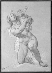 Knielende naakte vrouw die een kind vasthoudt, ca. 1781