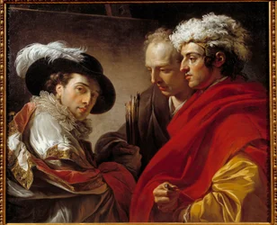 Portret van drie mannen (de kunstenaar, de architect Pierre Rousseau en een onbekende). Schilderij van François-André Vincent (1746-1816), 1775. Zon. 0,81 x 0,98 m.