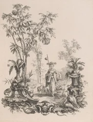 Jonge Chinese vrouw lopend, omringd door haar schapen, ca. 1740-50