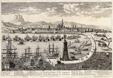 Uitzicht op de stad en de haven van Barcelona in de 18e eeuw. Gravure door Francois Antoine Aveline Barcelona, Museu d
