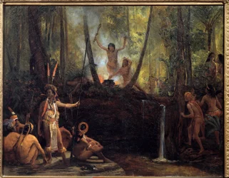 De vervaardiging van curare in het Braziliaanse bos. Winning van curare, een stof uit de lianen van Amazonebomen die verlamming veroorzaakt. Schilderij van François Auguste Biard (1799-1882), 19e eeuw. La Rochelle, Musée du Nouveau Monde