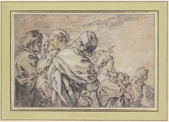 Groep halffiguren met mannen en vrouwen met kinderen